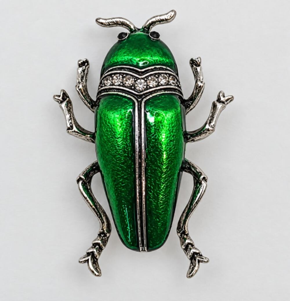 Green Metal Beetle Brooch Pin with Rhinestone Accents & Silver Tone Legs
